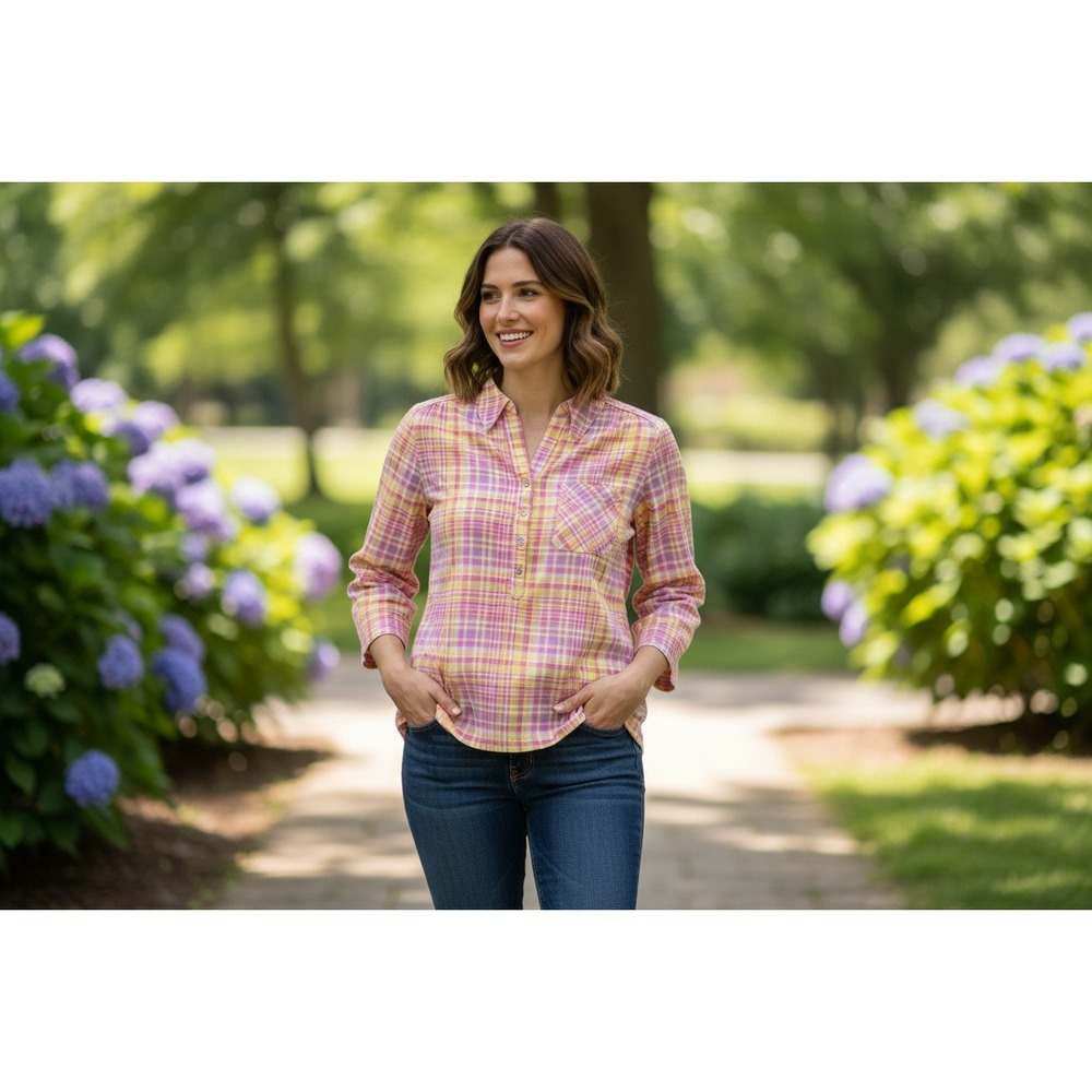 Charter Club Freesia Dsk Cmb Core Knit Plaid 3/4 Sleeve Henley Top Yellow Pink M